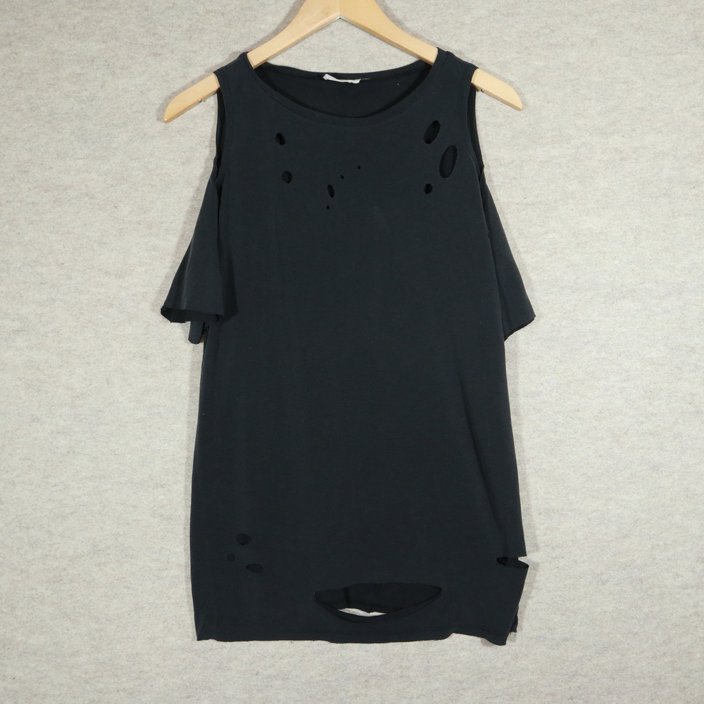 Hummingbird Distressed Tee S Edgy Y2K Cold Shoulder Ripped Black T-Shirt